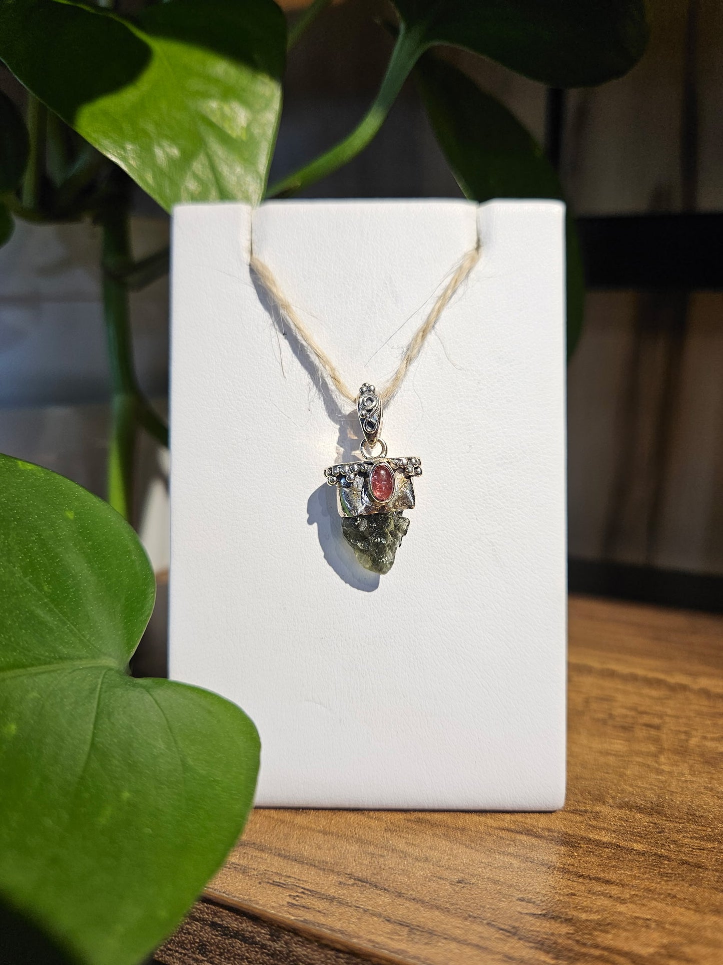 Moldavite and Pink Tourmaline Pendant