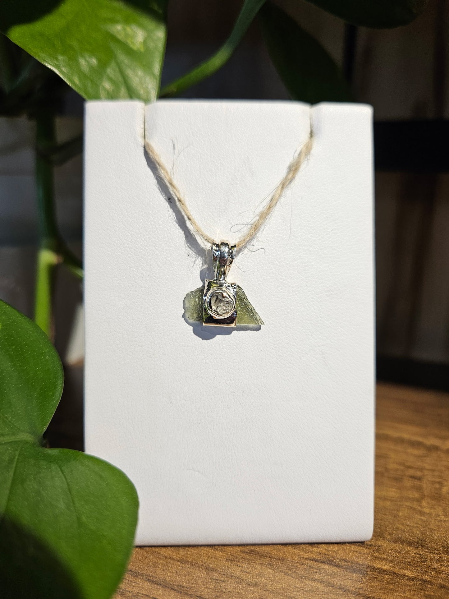 Moldavite and Herkimer Diamond Pendant