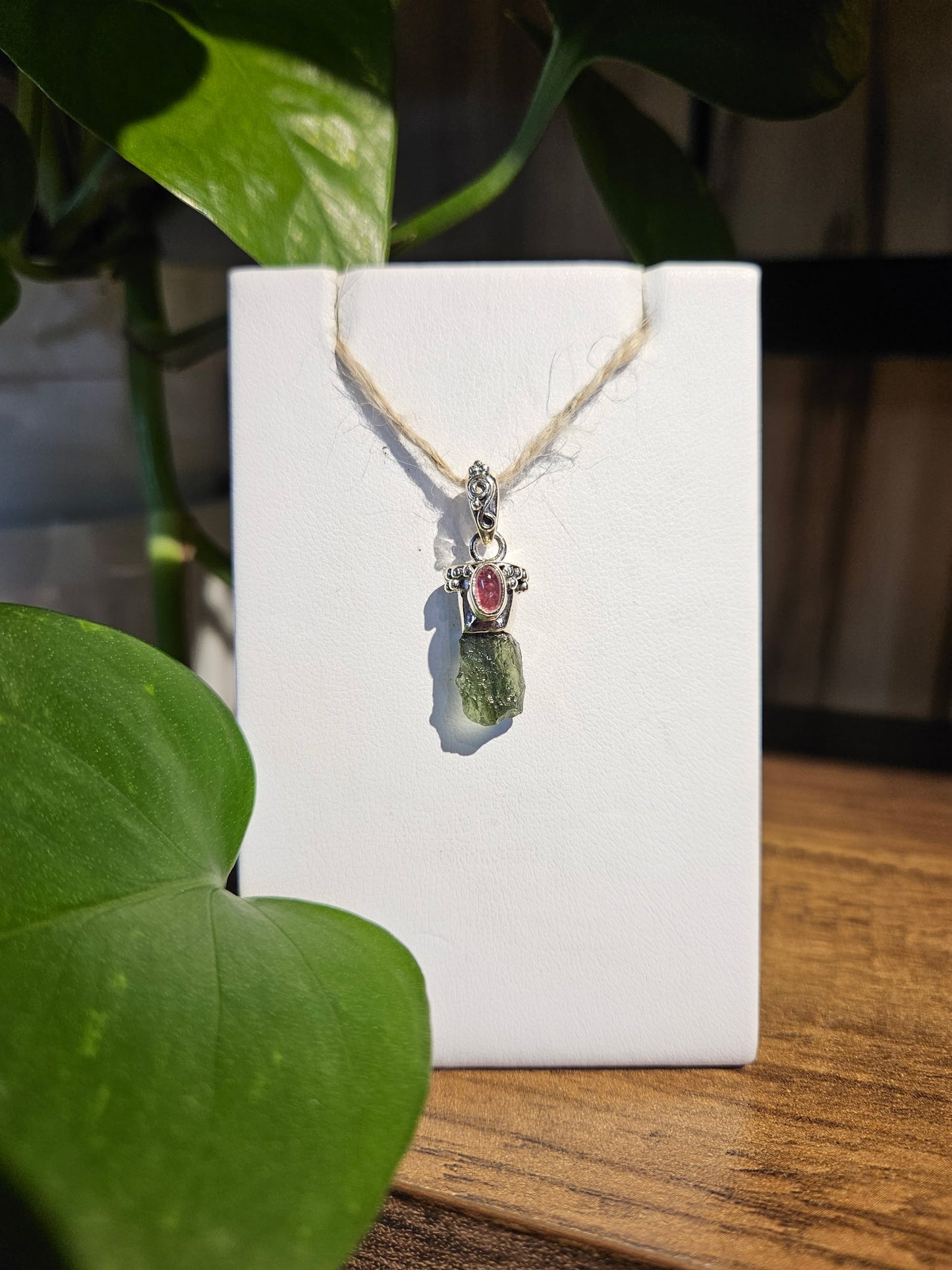 Moldavite and Pink Tourmaline Pendant